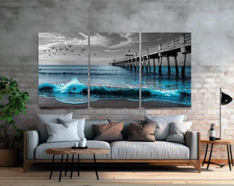 Black and White Ocean Wave Canvas Art: 3-Panel Coastal Giclée Print