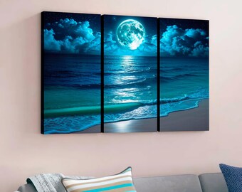Moonlit Ocean Canvas Print: 3-Panel Coastal Wall Art