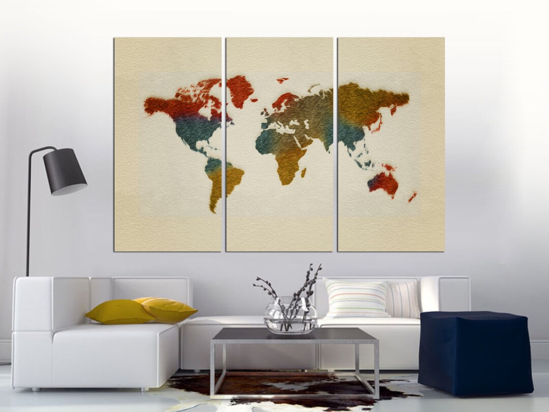 Colorful Paint World Map - 3 Panel Split Canvas Print, Abstract World ...