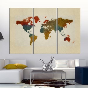 Colorful Paint World Map - 3 Panel Split Canvas Print, Abstract World Map, Large Modern World Map, Map Wall Art, CANVAS Print Ready to Hang.