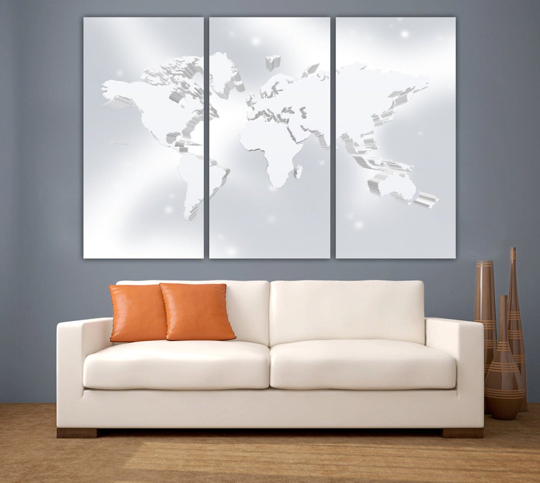 3 Panel Split Silver Color Art 3D World Map Canvas Print, 1.5" Deep ...