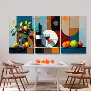 Wine Glass Wall Art 3-Panel Canvas for Kitchen & Dining Room, Abstract Still Life Painting, Living Room Decor, Restaurant Art Ready to Hang