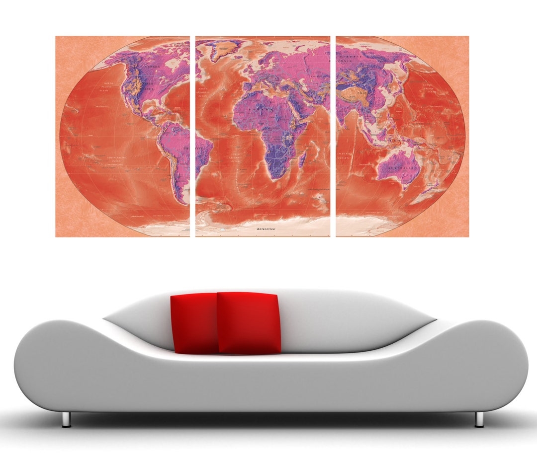 3 Panel Split World Map Canvas Print. With Colored Textured Background ...