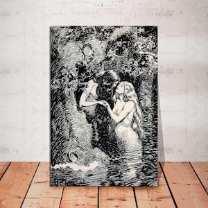 Mermaid & Fairy Kissing, Antique Mermaid Art on Canvas, Dark Academia Art Aesthetic Art,Victorian Art  Lesbian Art, CANVAS Art Ready to Hang