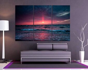 Ocean Sunset Canvas Print: Pink & Blue Skies, 3-Panel Wall Art