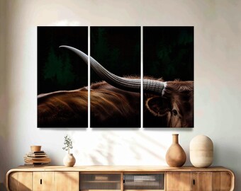 Texas Longhorn Cow Canvas Art: 3-Panel Framed Wild West Print