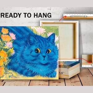 May include: A blue cat with yellow eyes is nestled in a bed of orange and yellow flowers. The painting is on a canvas with a 1.5 inch wooden frame. The canvas is ready to hang with a sawtooth hanger on the back.