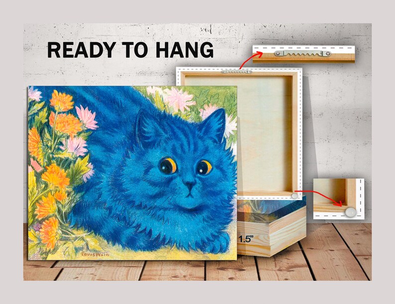 May include: A blue cat with yellow eyes is nestled in a bed of orange and yellow flowers. The painting is on a canvas with a 1.5 inch wooden frame. The canvas is ready to hang with a sawtooth hanger on the back.