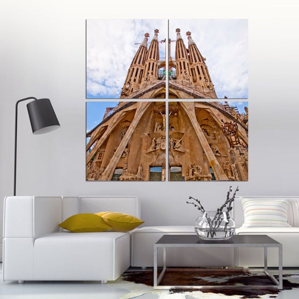 4 Panel Split (Quad) Brcelona Spain Canvas Print. Sagrada Família Temple 1.5" deep frames - for interior design, home and office decor.