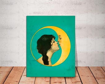 Vintage Woman Kissing Moon Canvas Print: Art Nouveau, Ready to Hang