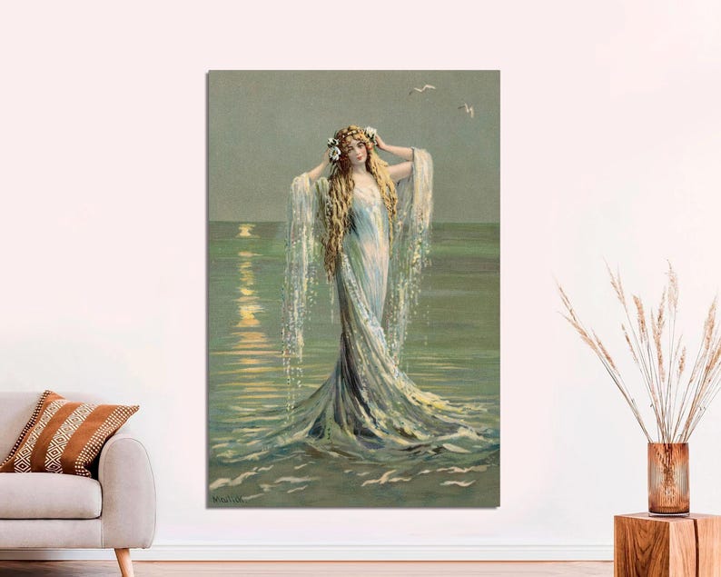 May include: A woman in a flowing white dress with a floral crown stands in the ocean. The water is a light blue and green colour, and the sky is a light blue. The woman's hair is long and flowing, and she has a serene expression on her face.