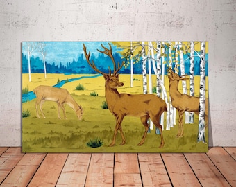 Vintage Deer Canvas Art Print: Woodland Wildlife Painting, Ready to Hang