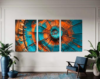 Turquoise Tree Rings Canvas Print: Panoramic Oak Stump Triptych