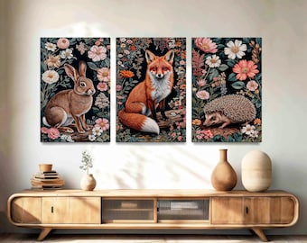 Set of 3 Framed William Morris Style Canvas Prints, Fox Rabbit Hedgehog Wall Art
