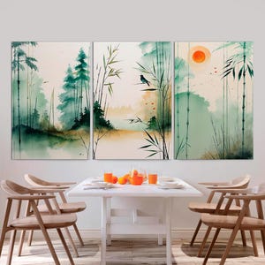 Japanese Wall Art Set of 3 Canvas Print, Japanese Art, Japandi Decor, Asian Room Decor, Minimalist Wall Art, Landscape Nature Green Wall Art