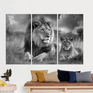 Lion Family Wall Art 3-Panel Split Canvas, Black & White Lion and Lioness Safari Animal Decor, Large Ready to Hang Lions in Love Canvas Art