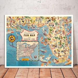 May include: A vintage illustrated map of the United States with a focus on the "Sunshine Zone" featuring a cartoon illustration of Florida and the Gulf of Mexico. The map is titled "Greyhound's Fun Map of the Sunshine Zone".