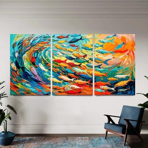 Abstract Fish Shoal Wall Art 3-Panel Large Canvas Print, Colorful Ocean Fish Modern Sea Animal Artwork, Ready to Hang Home Decor Coastal Art