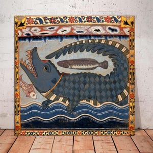 Gazi Pir Crocodile Scroll, Ancient Indian Art, Islamic Art, Muslim Art, Vintage Sufi Talisman Rumi Mystic Fine Art Canvas Art Ready to Hang.
