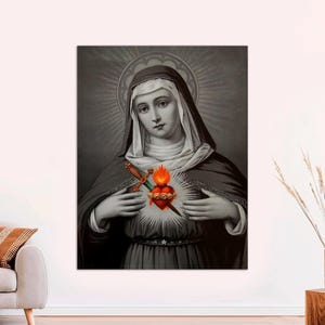 Immaculate Heart of the Virgin Mary, Mother Mary Painting, Catholic Wall Art Print, Lady of Grace Heart of Mary Vintage CANVAS Ready to Hang