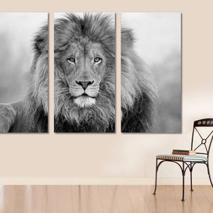 3-Panel Canvas Split, Lion Black & White Print on Canvas Animals South Africa Canvas Decor, Lion Extra Large Wall Art, CANVAS Ready to Hang.
