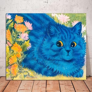 May include: A blue cat with yellow eyes sits in a field of orange and pink flowers. The cat is looking directly at the viewer. The painting is signed "K.Wain."