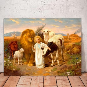 Jesus Art Print Canvas Ready to Hang, Peace by William Strutt, Vintage Christian Painting, Lion and Lamb, A Little Child Shall Lead Them Art