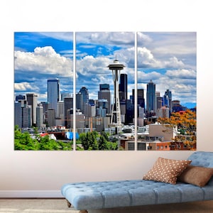 3-Panel Art, Seattle Cityscape Skyline Wall Art, Seattle Washington City Wall Art, Seattle Home Decor, Office Decor, CANVAS Ready to Hang.