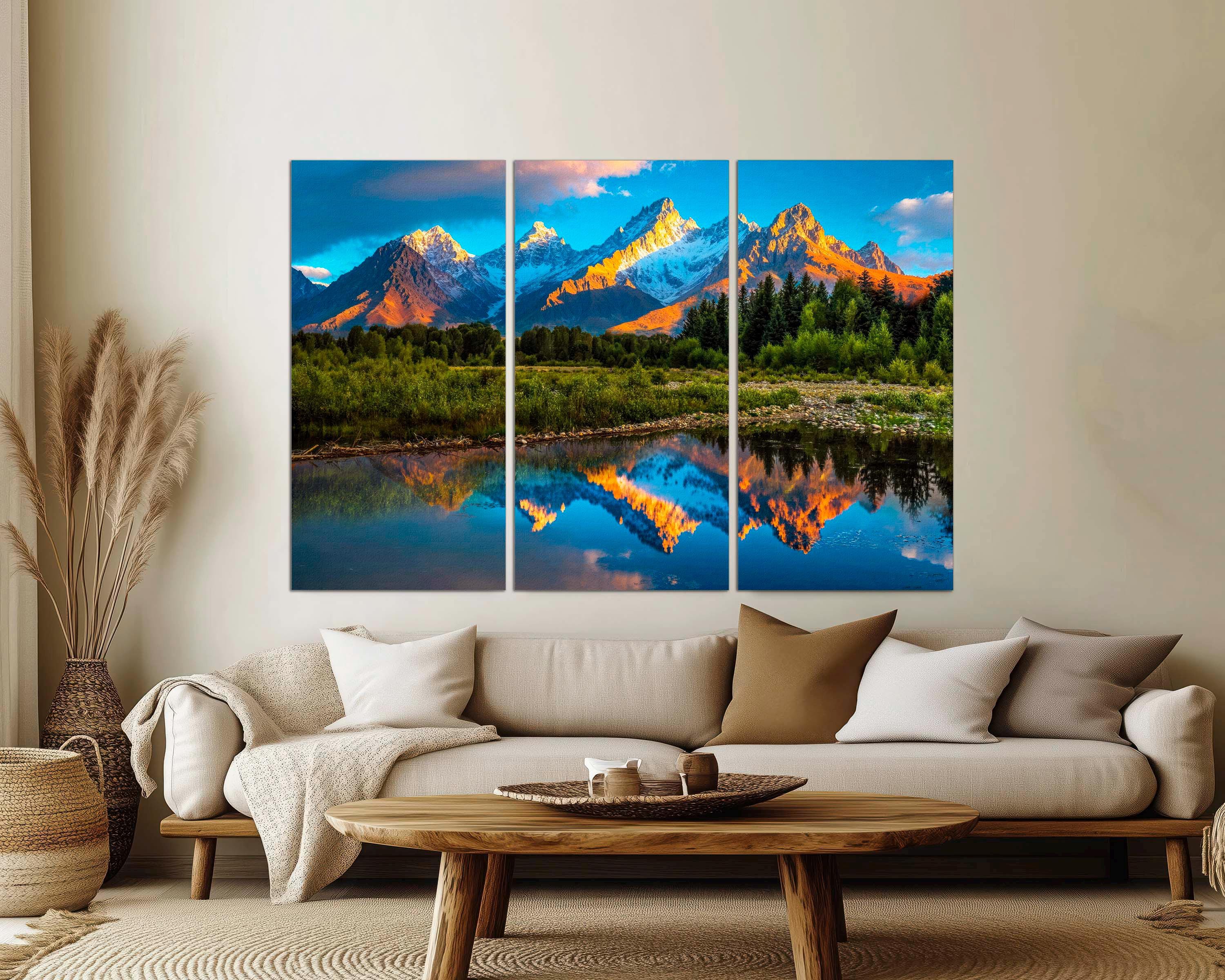 Grand Teton Canvas Print: 3-panel Mountain Landscape, Farmhouse