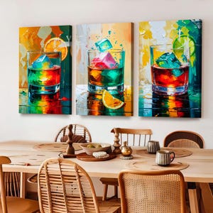 Whiskey Canvas Wall art Bourbon Glass Print Bar Wall Decor Alcohol Wall Art Whiskey Painting Kitchen Wall Decor 3- Set Canvas Ready to Hang.