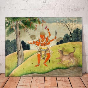 Rakta Bhairava with a dog Indian Painting, Vintage Indian Canvas Wall Art, Indian Art, Hindu Art, Indian God Wall Art CANVAS READY to HANG.