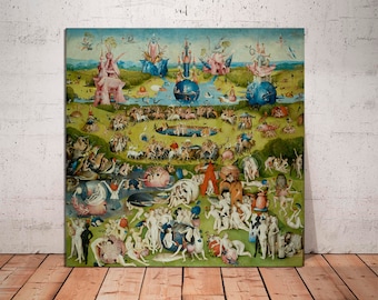 May include: A detailed painting depicting a fantastical landscape with a variety of figures and animals. The painting is filled with vibrant colors, including greens, blues, reds, and yellows. The figures are depicted in a variety of poses, some standing, some sitting, and some lying down. The animals include birds, fish, and mammals. The painting is a complex and intricate work of art.