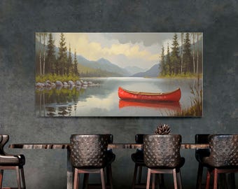 Vintage Red Canoe Canvas Print: Rustic Lake House Wall Decor