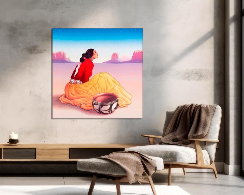 Puede incluir: Una pintura de una mujer con un vestido rojo y amarillo sentada en un paisaje des&eacute;rtico. Ella sostiene un cuenco de cer&aacute;mica tradicional. La pintura tiene un cielo azul con nubes como fondo.