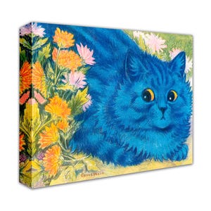 May include: A blue cat with yellow eyes sits in a field of orange, pink, and yellow flowers. The cat is looking directly at the viewer. The painting is signed "Leours'Nain".