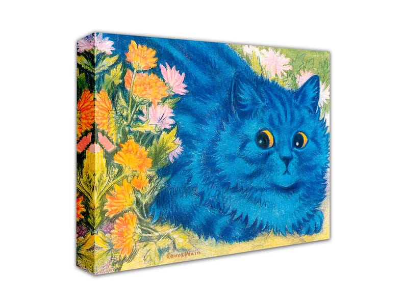 May include: A blue cat with yellow eyes sits in a field of orange, pink, and yellow flowers. The cat is looking directly at the viewer. The painting is signed "Leours'Nain".
