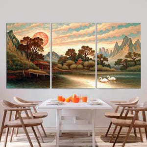 Japanese Mountain Wall Art 3-Panel Canvas Print Asian Landscape Large Living Room Decor Japanese Canvas Print, Chinese Nature Ready to Hang.