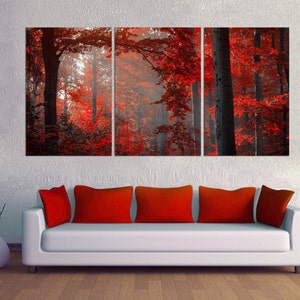 Bosque de hojas rojas, arte forestal, arte de pared impreso en lienzo, bosque dividido en 3 paneles, arte de paisaje natural, lienzo decorativo de arte de bosque rojo listo para colgar.