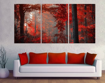 Red Forest Canvas Print: 3-Panel Nature Wall Art