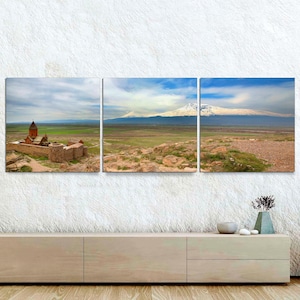 Armenia Wall Art 3-Panel Canvas Split Mount Ararat Khor Virap Monastery, large Panoramic Armenian Culture Gift Canvas Wall art Ready to Hang