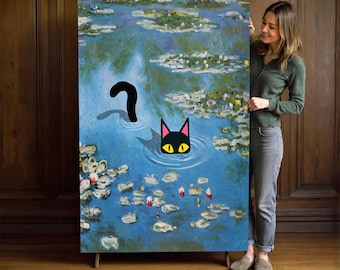 Monet Waterlily Cat Canvas Print, Floral Wall Art Deco