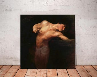 May include: A square canvas print of a classical painting depicting a nude figure with a muscular physique. The figure is leaning, with one arm outstretched and the other bent. The color palette is dominated by dark tones with highlights on the skin.