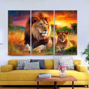 Lion Family Wall Art 3-Panel Split Canvas, Black & White Lion and Lioness Safari Animal Decor, Large Ready to Hang Lions in Love Canvas Art