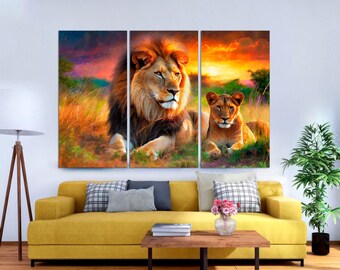 Lion Family Canvas Art: Black and White Safari Decor, 3-Panel Split