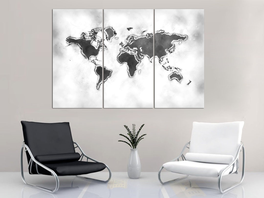 3 Panel Split Art World Map Canvas Prints, Black White, Wall Art for ...