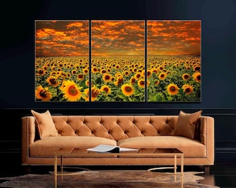 Sunflower Field Sunset Canvas Wall Art: 3-Panel Floral Landscape Giclée