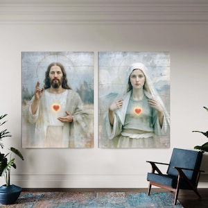Jesus and Mary Sacred Heart Canvas Prints Set of 2, Catholic Christian Religious Wall Art Immaculate Heart Spiritual Home Gift Ready to Hang