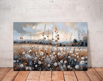Impresión en lienzo de un campo de flores silvestres: estilo de pintura al óleo de paisaje vintage