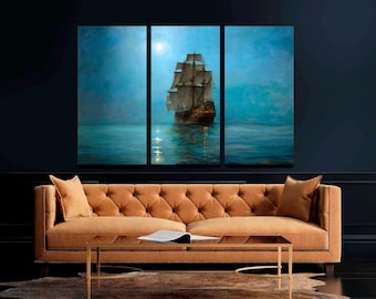 Sail Ship Canvas Art: Crescent Moon Night Seascape, 3-Panel Ready to Hang