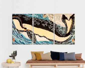 Japanese Whale Canvas Print: Ukiyo-e Woodblock Art 3-Panel